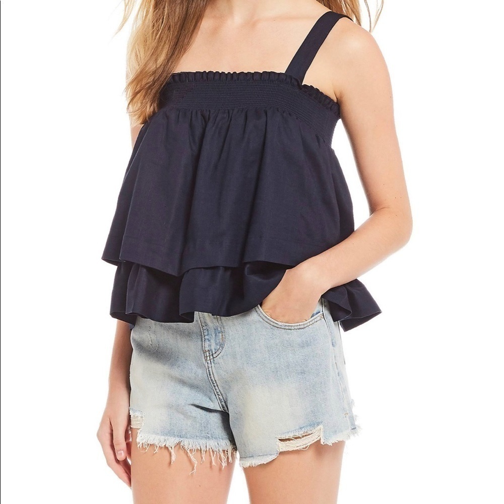 Gianni Bini Smocked Layered Navy Tank